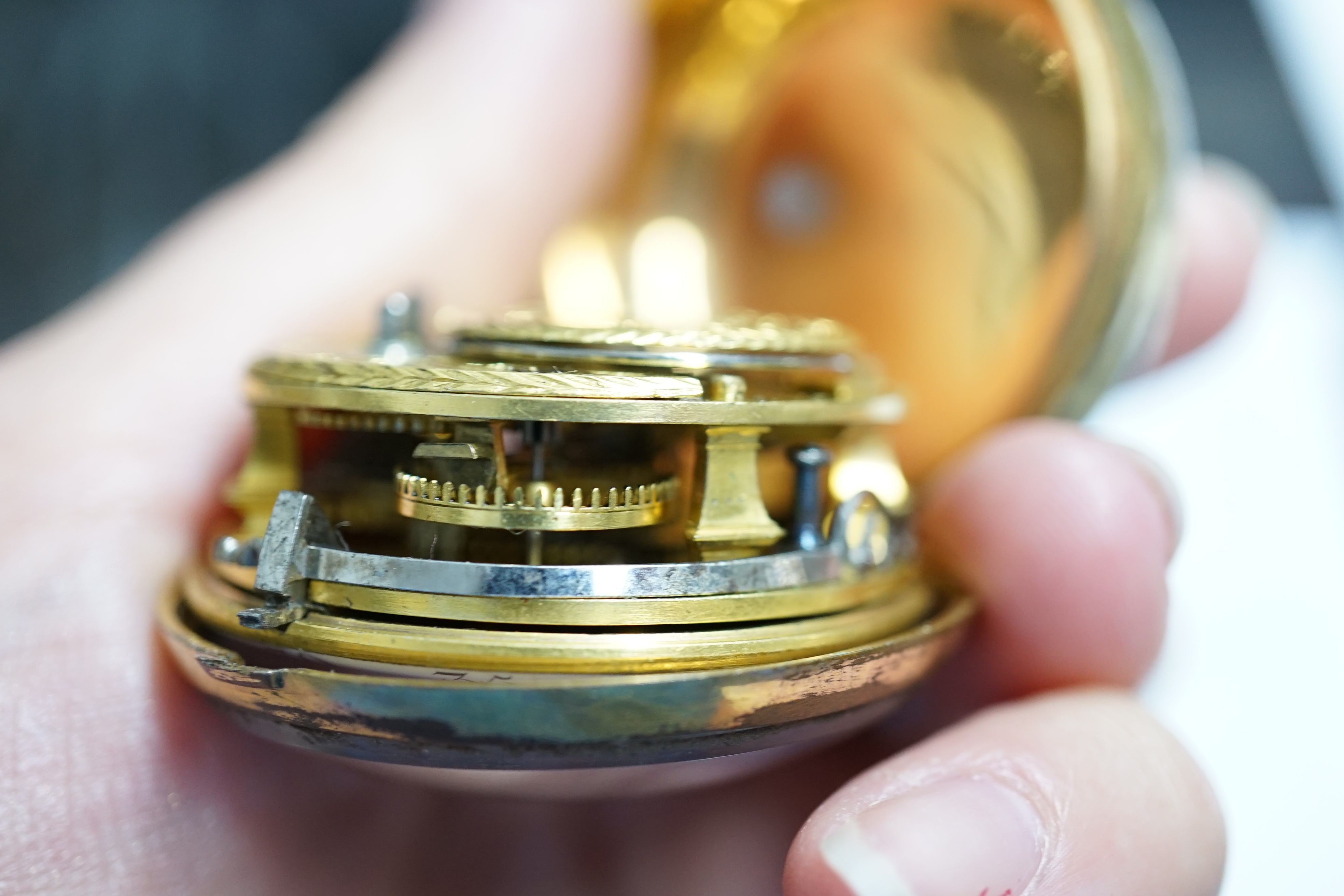 A George III pair cased gold plated pocket watch, with a green stained tortoiseshell outer case, by William Hope, London